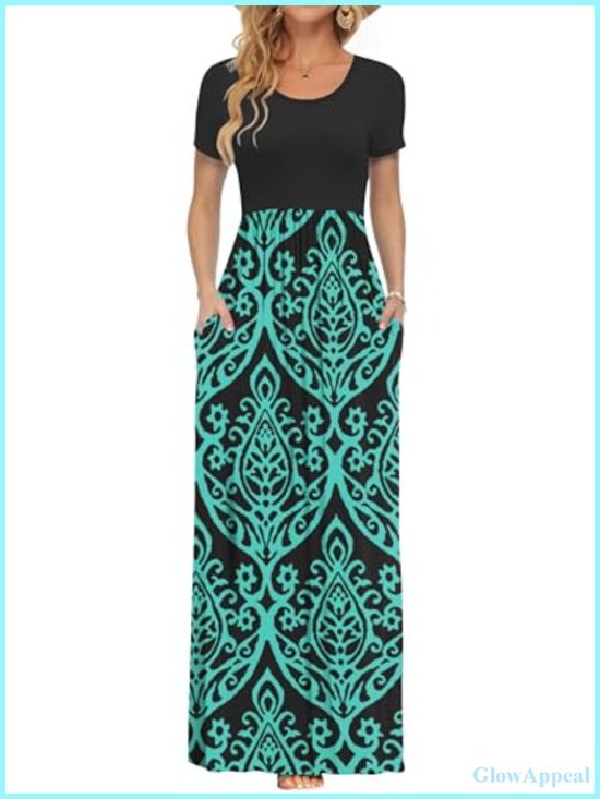 Dresses & Skirts - Women's Summer Short Sleeve Loose Maxi Dress with Side Pockets